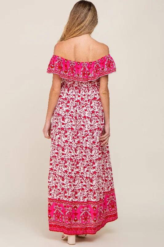 Red Floral Paisley Ruffle Off Shoulder Maternity Maxi Dress