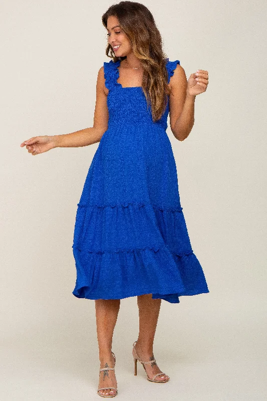 Royal Smocked Square Neck Ruffle Strap Tiered Maternity Midi Dress