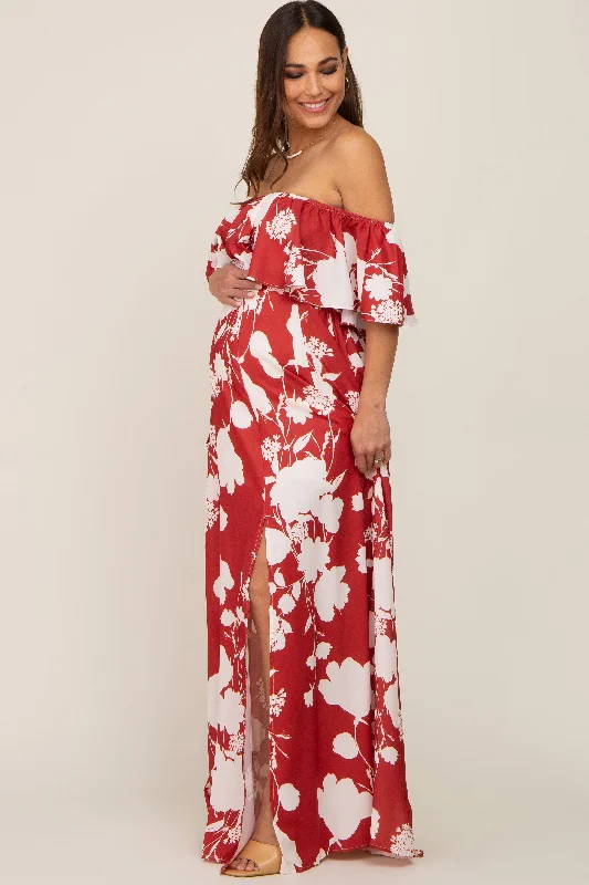 Rust Floral Overlay Off-Shoulder Side Slit Maternity Maxi Dress