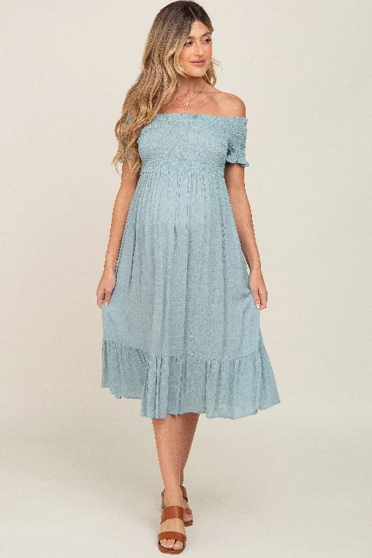 Sage Off Shoulder Smocked Maternity Midi Dress