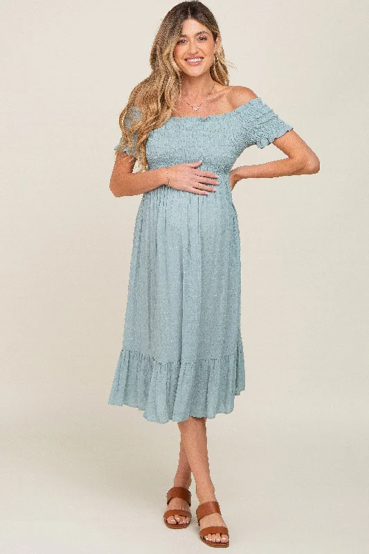 Sage Off Shoulder Smocked Maternity Midi Dress