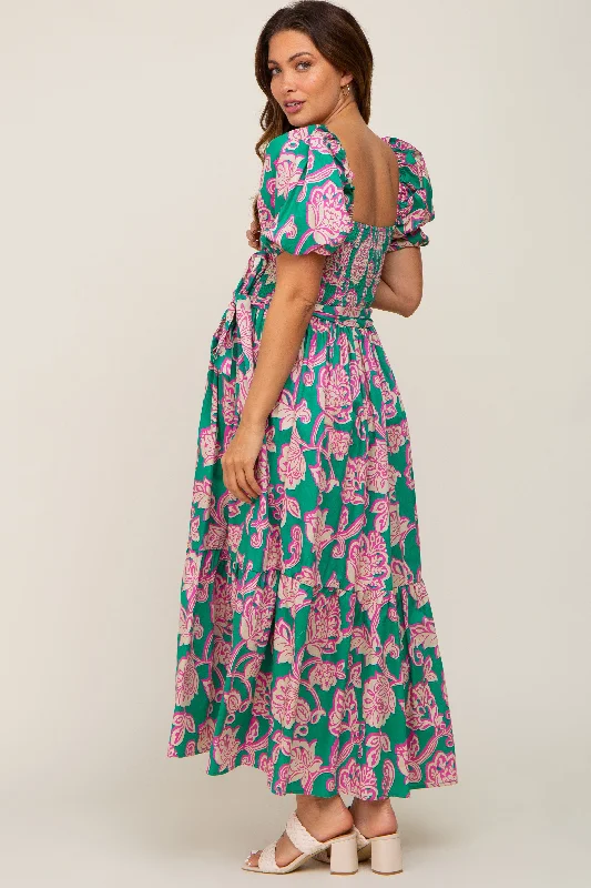 Teal Floral Square Neck Smocked Maternity Midi Dress