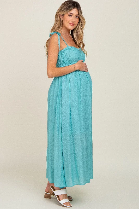 Turquoise Sleeveless Ruffle Trim Maternity Maxi Dress