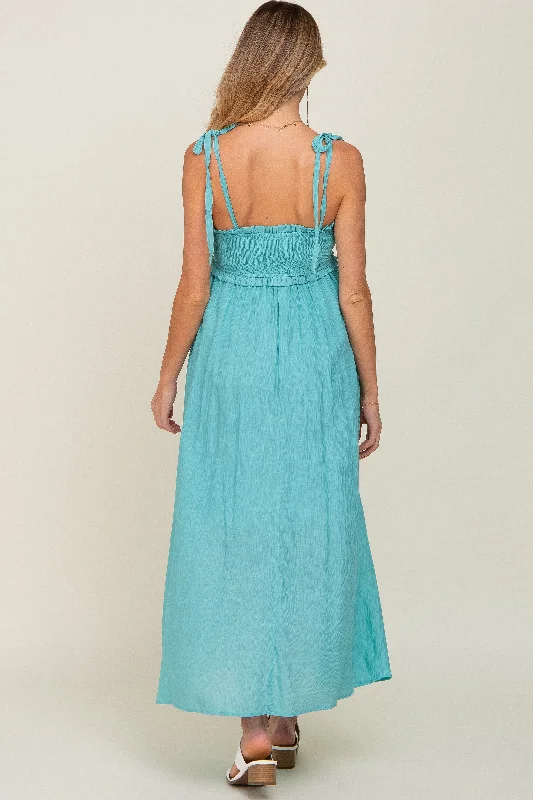 Turquoise Sleeveless Ruffle Trim Maternity Maxi Dress