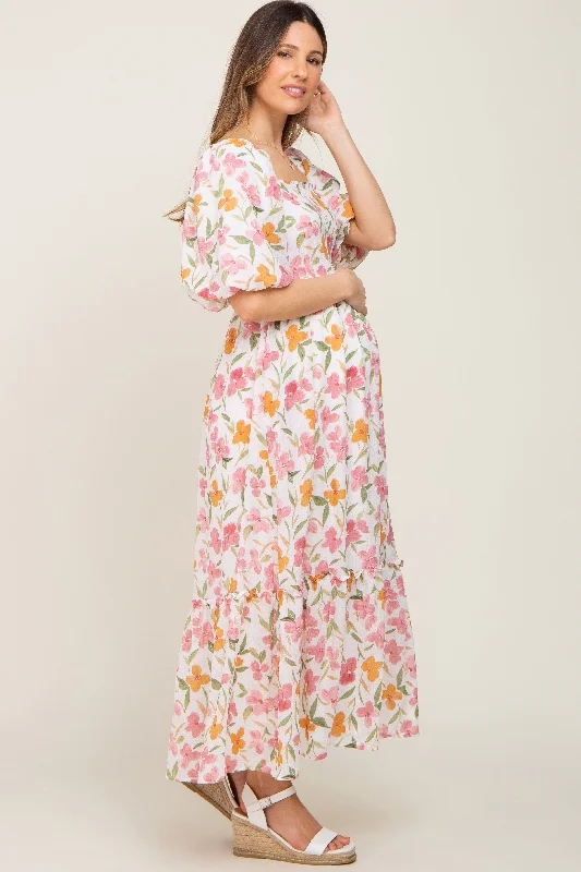 White Floral Puff Sleeve Maternity Maxi Dress