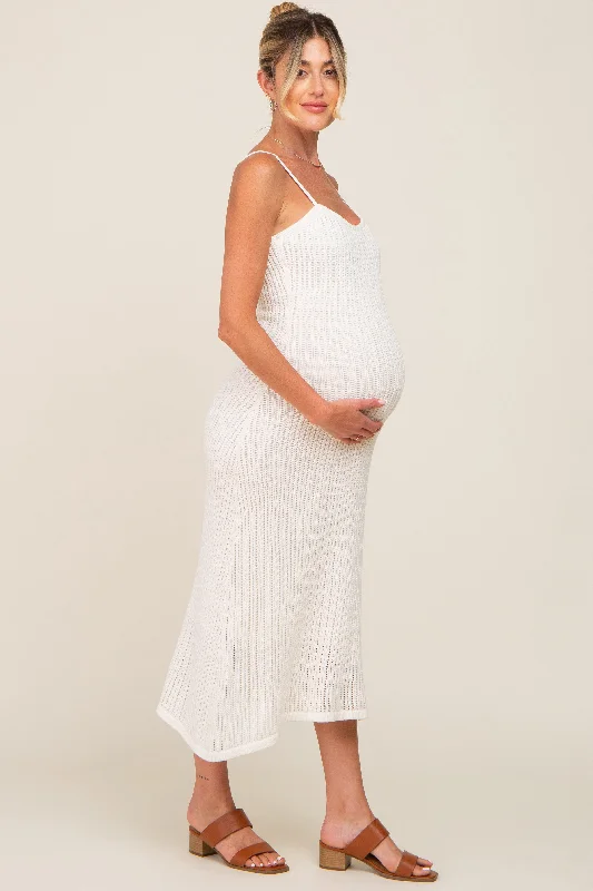 White Open Knit Crochet Maternity Midi Dress