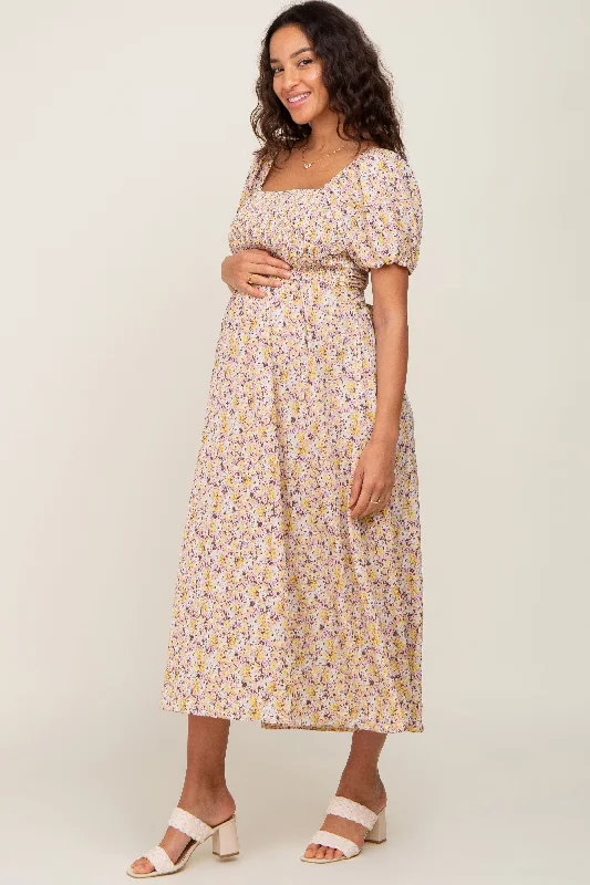 Yellow Abstract Floral Smocked Maternity Midi Dress