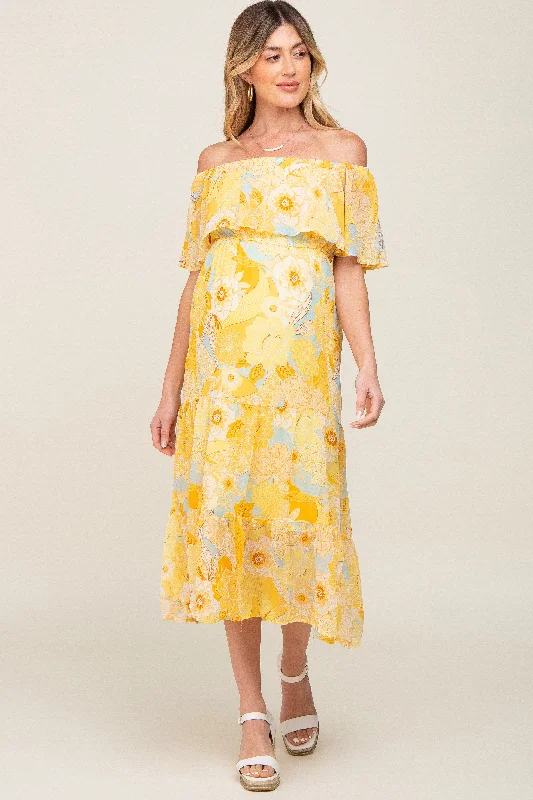 Yellow Floral Flounce Off Shoulder Maternity Midi Dress