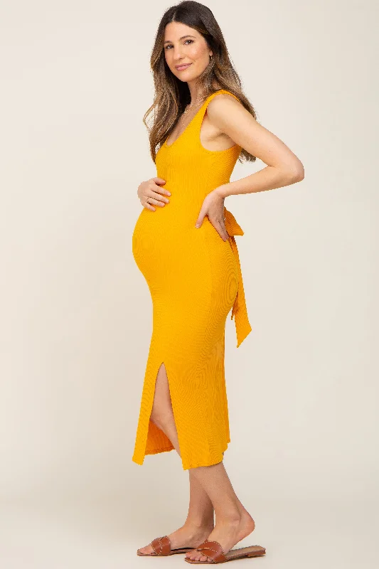 Yellow Ribbed Back Cutout Maternity Midi Dress