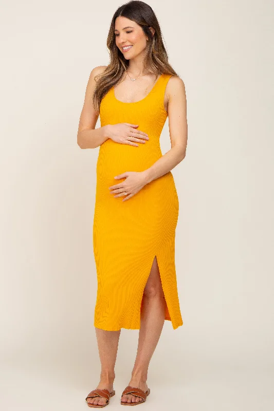 Yellow Ribbed Back Cutout Maternity Midi Dress