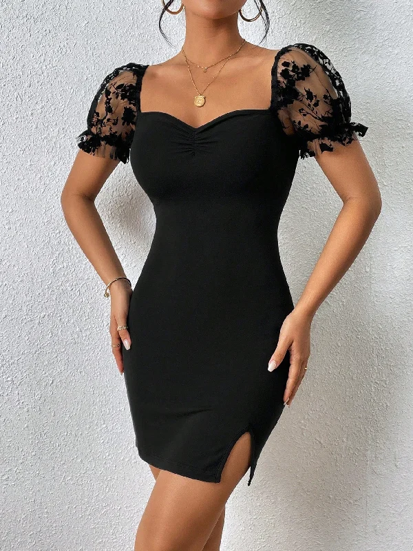 Contrast Mesh Puff Sleeve Ruched Split Hem Bodycon Dress