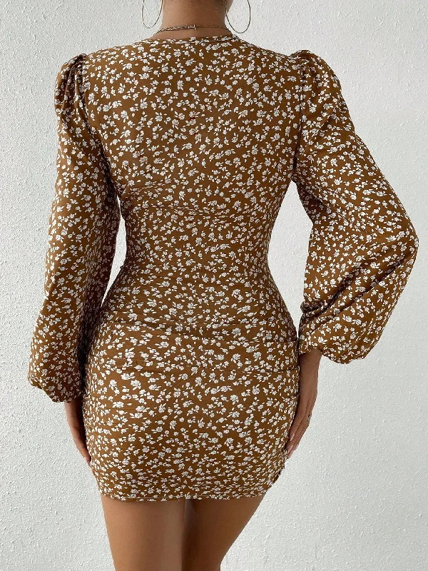 Ditsy Floral Print Lantern Sleeve Bodycon Dress