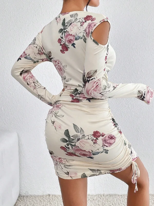 Floral Print Cold Shoulder Drawstring Side Bodycon Dress