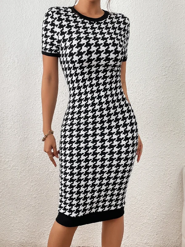 Houndstooth Print Contrast Binding Bodycon Dress