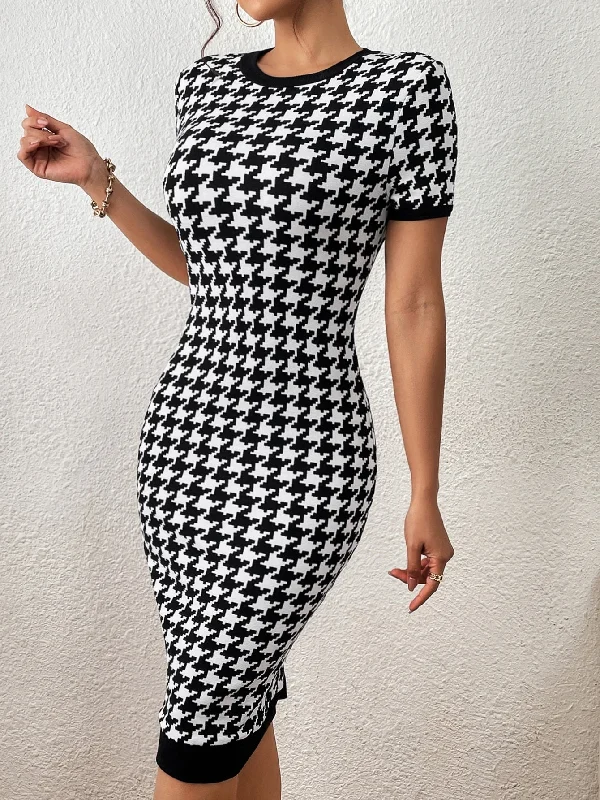 Houndstooth Print Contrast Binding Bodycon Dress