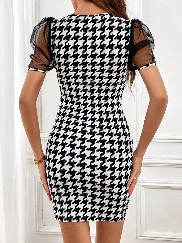 Houndstooth Print Contrast Mesh Puff Sleeve Bodycon Dress