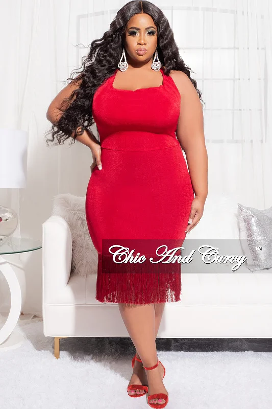 Final Sale Plus Size Halter BodyCon Dress with Bottom Fringe in Red