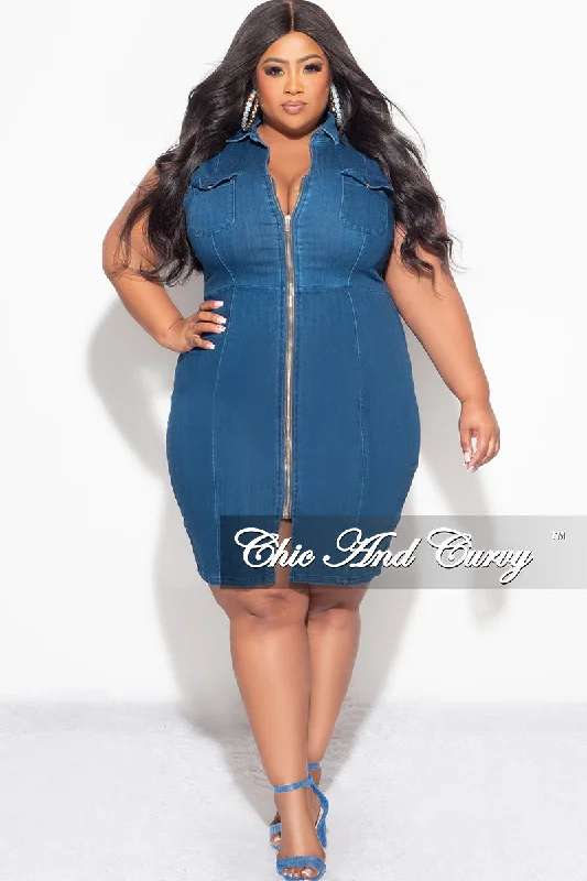 Fina Sale Plus Size Sleeveless Collar ZipUp BodyCon Dress with Front Slit in Dark Denim