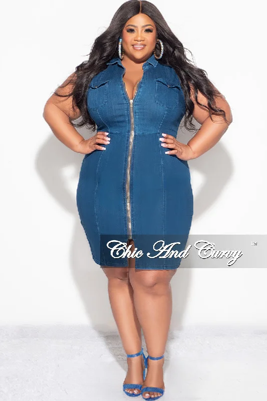 Fina Sale Plus Size Sleeveless Collar ZipUp BodyCon Dress with Front Slit in Dark Denim