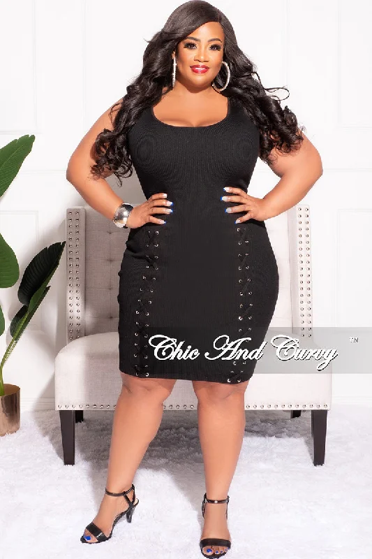 Final Sale Plus Size Sleeveless Tank Ribbed Bodycon Dress Lace Up Detail in Black