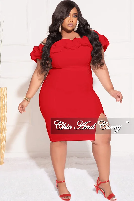 Final Sale Plus Size Off the Shoulder Ruffle BodyCon Dress with Side Slit in Red