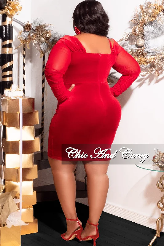 Final Sale Plus Size Spaghetti Strap off the Shoulder Sheer Sleeve Velvet BodyCon Dress in Burgundy