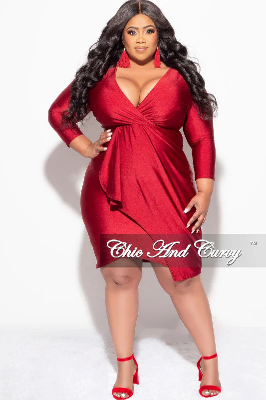 Final Sale Plus Size Faux Wrap Puffy Sleeve BodyCon Overlay Tulip Dress in Wine