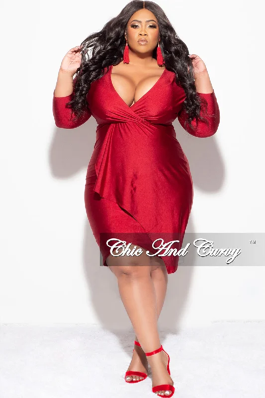 Final Sale Plus Size Faux Wrap Puffy Sleeve BodyCon Overlay Tulip Dress in Wine