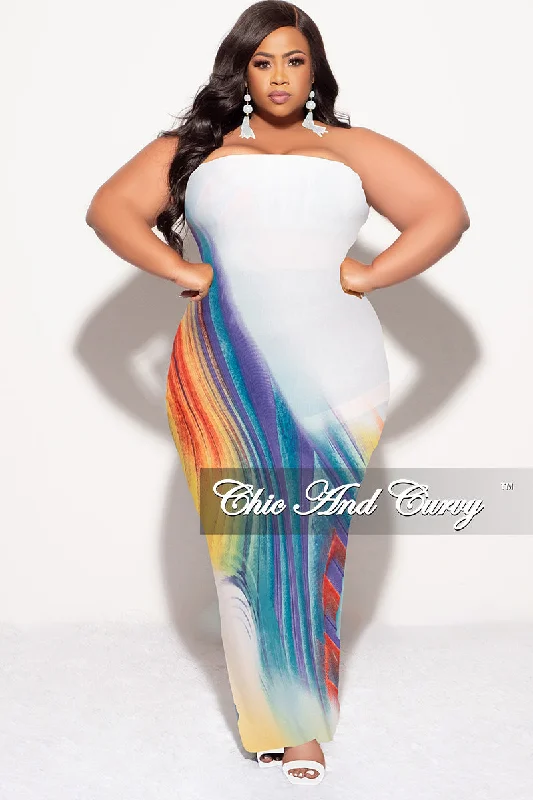 Final Sale Plus Size Strapless Tube BodyCon Dress with Back Slit Off White/Blue Multi Color Print