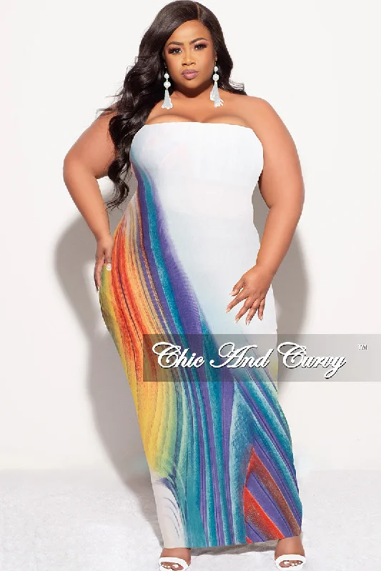 Final Sale Plus Size Strapless Tube BodyCon Dress with Back Slit Off White/Blue Multi Color Print