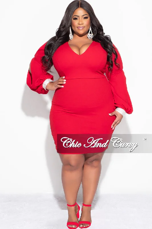 Final Sale Plus Size BodyCon Dress with Slit Sleeves and Rhinestone Cuff in Red