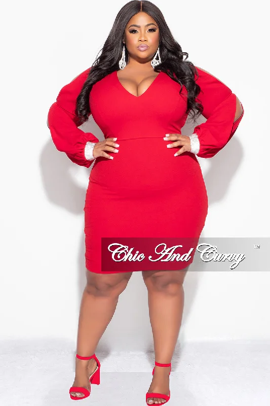 Final Sale Plus Size BodyCon Dress with Slit Sleeves and Rhinestone Cuff in Red