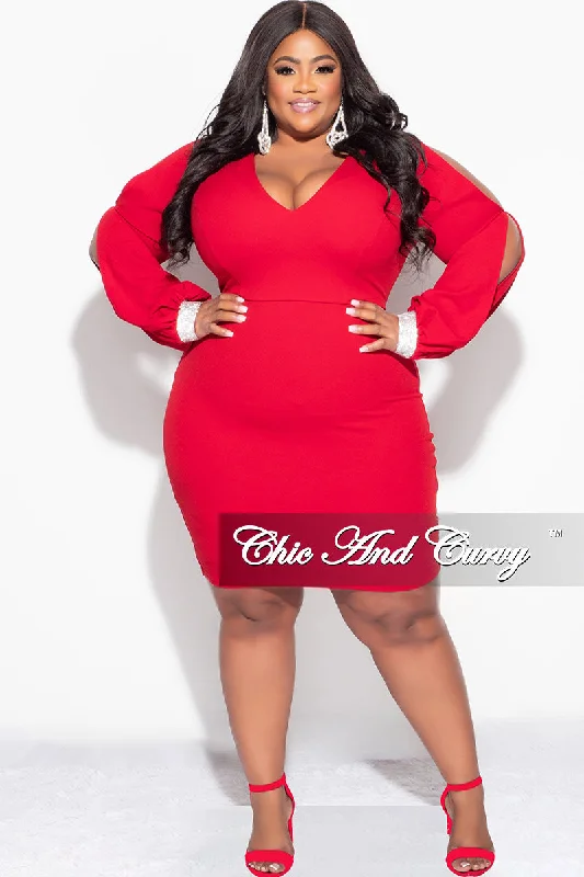 Final Sale Plus Size BodyCon Dress with Slit Sleeves and Rhinestone Cuff in Red