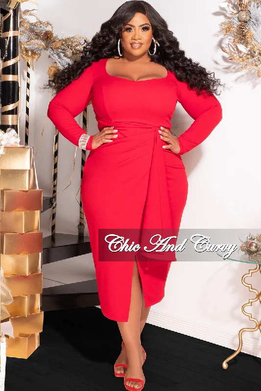 Available Online Only - Final Sale Plus Size BodyCon Dress with Wrap Skirt in Red