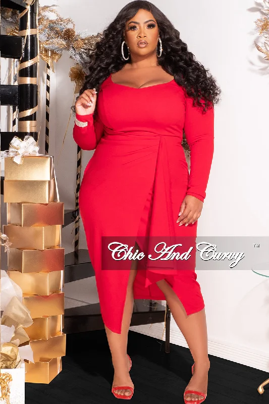 Available Online Only - Final Sale Plus Size BodyCon Dress with Wrap Skirt in Red