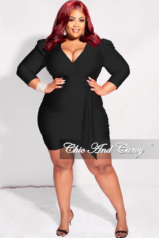 Final Sale Plus Size Faux Wrap Puffy Sleeve BodyCon Dress in Black