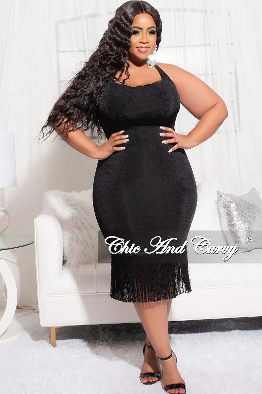 Final Sale Plus Size Halter BodyCon Dress with Bottom Fringe in Black