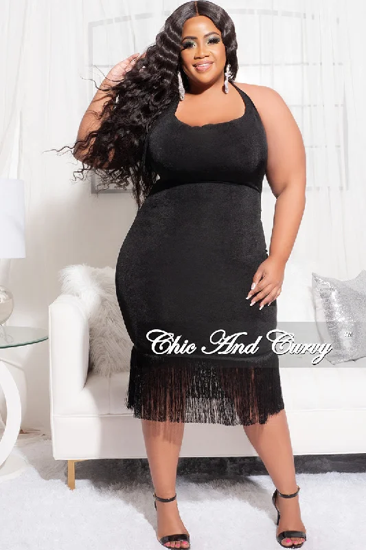 Final Sale Plus Size Halter BodyCon Dress with Bottom Fringe in Black