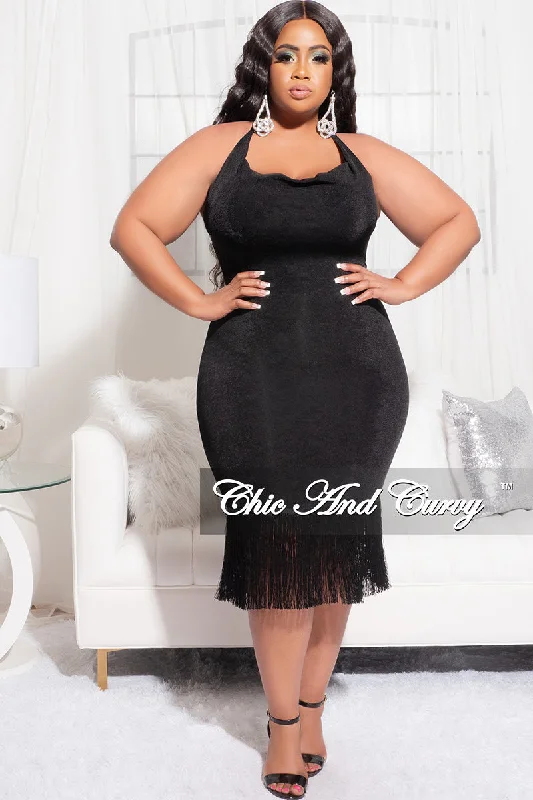 Final Sale Plus Size Halter BodyCon Dress with Bottom Fringe in Black