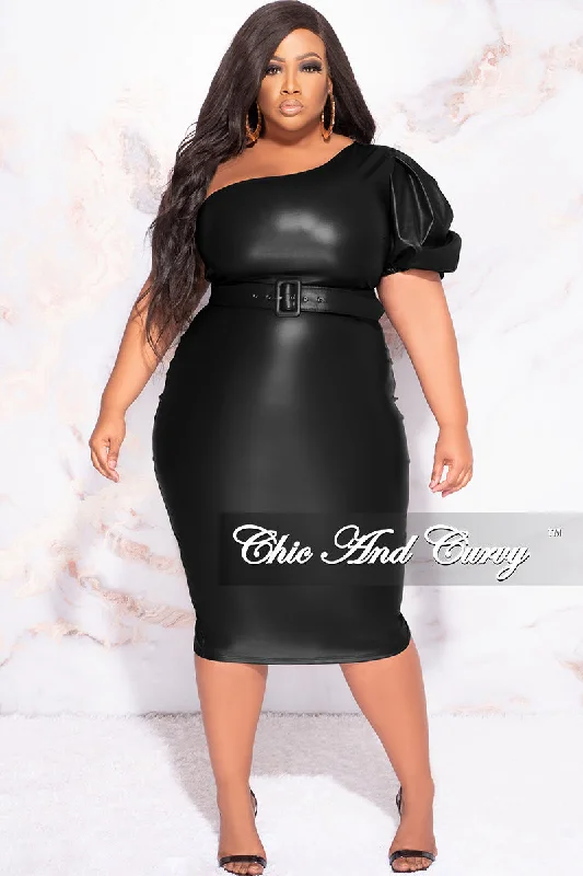 Final Sale Plus Size One Shoulder Faux Leather BodyCon Dress with Belt in Black