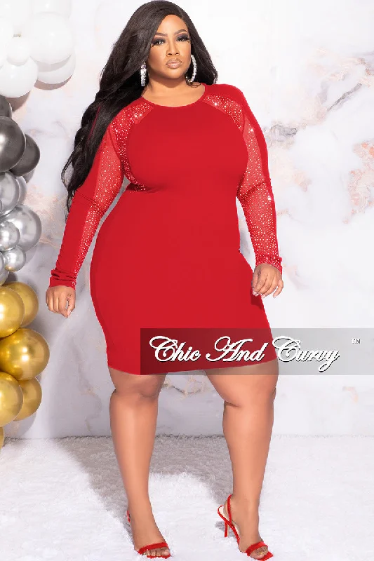 Final Sale Plus Size Rhinestone Sheer Sleeve BodyCon Dress in Red