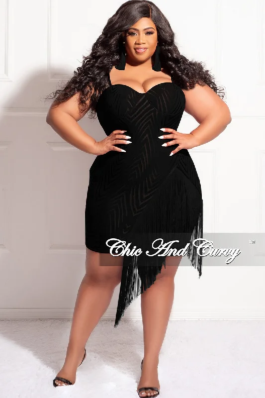 Final Sale Plus Size Spaghetti Strap BodyCon Dress with Side Fringe in Black