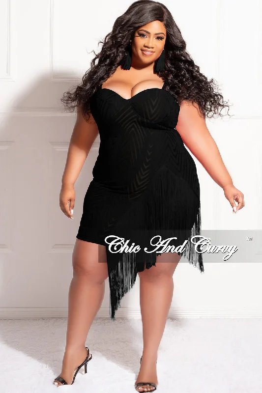 Final Sale Plus Size Spaghetti Strap BodyCon Dress with Side Fringe in Black