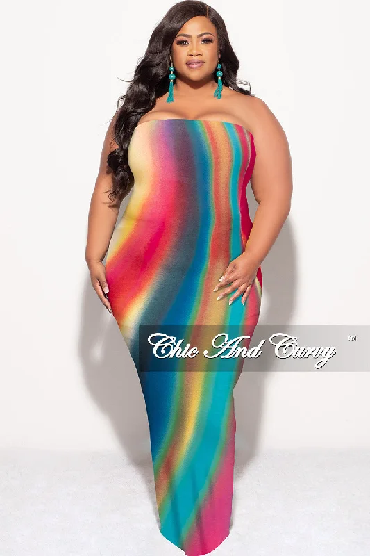 Final Sale Plus Size Strapless Tube BodyCon Dress with Back Slit in Fuchsia/Jade Multi Color Print