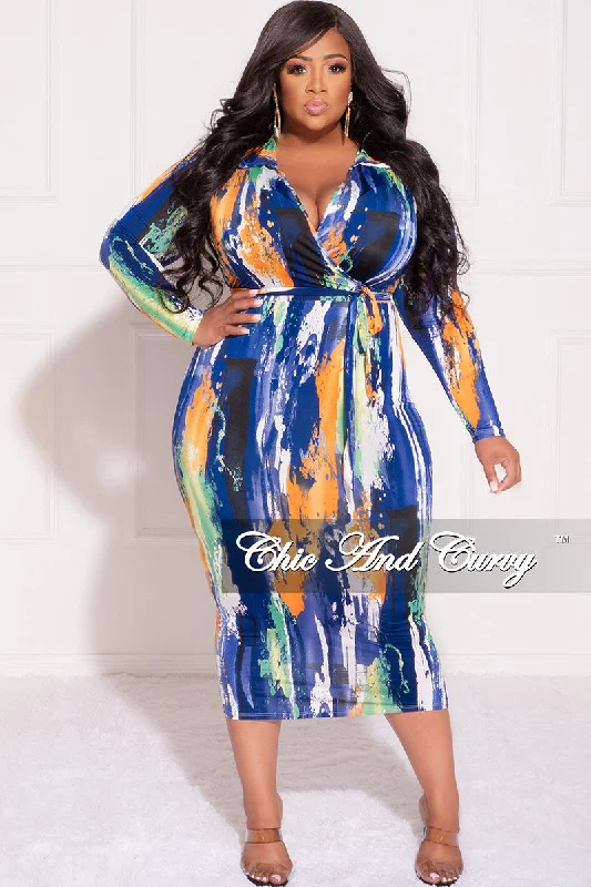 Final Sale Plus Size Collar Faux Wrap BodyCon with Waist Tie in Blue White and Orange Brush Stroke Print