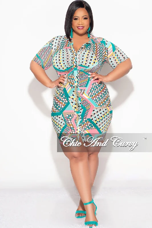 Final Sale Collar Button Up Bodycon Dress in Polka Dot Multi Color Print