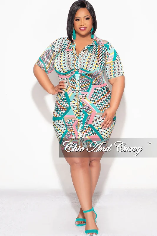 Final Sale Collar Button Up Bodycon Dress in Polka Dot Multi Color Print