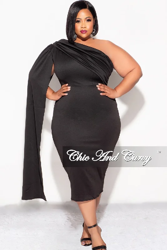 Final Sale Plus Size One Shoulder Long Train BodyCon Dress in Black