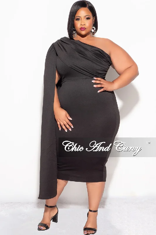 Final Sale Plus Size One Shoulder Long Train BodyCon Dress in Black