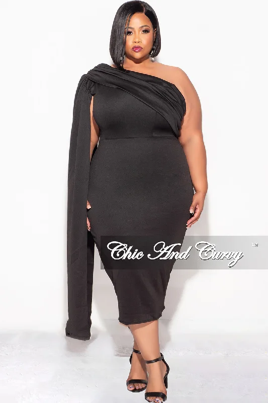 Final Sale Plus Size One Shoulder Long Train BodyCon Dress in Black